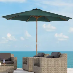 Sombrilla Ø300x250 cm Parasol con Poste de Madera con Sistema de Poleas para Jardín Patio Terraza Verde - Ogal.Es