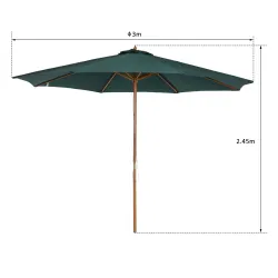 Sombrilla Ø300x250 cm Parasol con Poste de Madera con Sistema de Poleas para Jardín Patio Terraza Verde - Ogal.Es