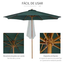 Sombrilla Ø300x250 cm Parasol con Poste de Madera con Sistema de Poleas para Jardín Patio Terraza Verde - Ogal.Es