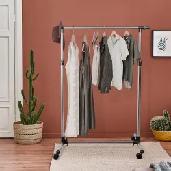 Perchero Acero Inox Colgador Ropa 4 Ruedas Alto y Largo Regulables 95x45x170cm - Ogal.Es
