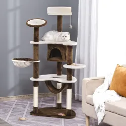 Torre para Gatos Grande 65x50x153 cm con Múltiples Plataforma Poste Hamaca Bolas de Juguete y Cueva Marrón - Ogal.Es