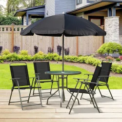 Conjunto de Muebles para Jardín con 4 Sillas 1 Mesa y 1 Parasol Texteline Aluminio y Poliéster Negro - Ogal.Es