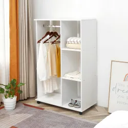 Armario Abierto con Ruedas Barra y Estantes para tener Ropa Colgada y Doblada 80x40x128 cm Blanco - Ogal.Es