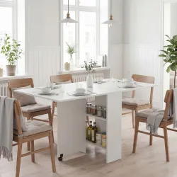 Mesa Plegable de Comedor con Ruedas Alas Abatibles y Estantes para 4-6 Personas 75x140x74 cm Blanco - Ogal.Es