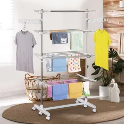 Tendedero de Ropa Plegable 80x55x172 cm con 6 Ruedas y 4 Estantes con Altura Regulable de Acero Inoxidable Plateado - Ogal.Es