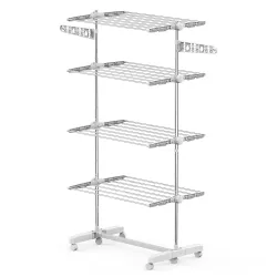 Tendedero de Ropa Plegable 80x55x172 cm con 6 Ruedas y 4 Estantes con Altura Regulable de Acero Inoxidable Plateado - Ogal.Es