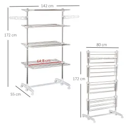 Tendedero de Ropa Plegable 80x55x172 cm con 6 Ruedas y 4 Estantes con Altura Regulable de Acero Inoxidable Plateado - Ogal.Es