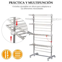 Tendedero de Ropa Plegable 80x55x172 cm con 6 Ruedas y 4 Estantes con Altura Regulable de Acero Inoxidable Plateado - Ogal.Es