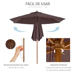 Sombrilla de Terraza Ø250x230 cm con 6 Varillas Sistema de Cuerda para Exterior Balcón Patio Café - Ogal.Es