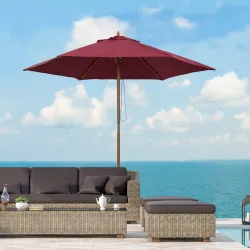 Sombrilla Parasol de Madera Ø250x230cm para Exterior con 6 Varillas Sistema de Polea Color Granate - Ogal.Es