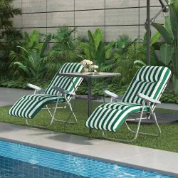 2 Tumbonas de Jardín de Acero con Cojín Acolchado Respaldo Ajustable y Reposapiés 60x75x66-102 cm Rayas Verde - Ogal.Es