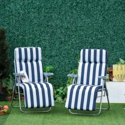 2 Tumbonas de Jardín de Acero con Cojín Acolchado Respaldo Ajustable y Reposapiés 60x75x66-102 cm Azul y Blanco - Ogal.Es