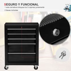 Carro de Herramientas para Taller con Ruedas 5 Cajones Armario con Cierre y Asa Lateral 61,5x33x82,5 cm Negro - Ogal.Es