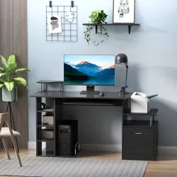 Mesa de Escritorio con 6 Estantes Cajón Bandeja de Teclado y Soportes para Monitor Impresora 152x60x88 cm Negro - Ogal.Es