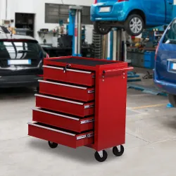 Carro caja de herramientas taller movil con 5 cajones 4 ruedas chapa de Acero Rojo - Ogal.Es