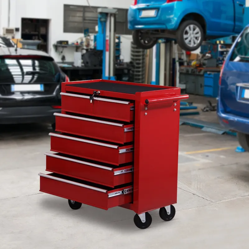 Carro caja de herramientas taller movil con 5 cajones 4 ruedas chapa de Acero Rojo - Ogal.Es