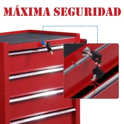 Carro caja de herramientas taller movil con 5 cajones 4 ruedas chapa de Acero Rojo - Ogal.Es