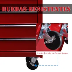 Carro caja de herramientas taller movil con 5 cajones 4 ruedas chapa de Acero Rojo - Ogal.Es