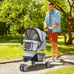 Carrito para Perros Pequeños con Cesta de Almacenaje Ventanas de Malla y 2 Ruedas Universales 75x45x97 cm Gris - Ogal.Es