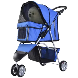 Carrito para Perros Pequeños con Cesta de Almacenaje Ventanas de Malla y 2 Ruedas Universales 75x45x97 cm Azul - Ogal.Es