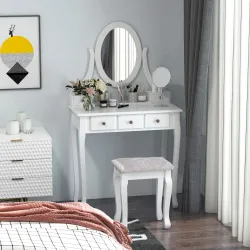 Tocador + Taburete y Espejo Mesa Maquillaje 5 Cajones Mesa MDF Estilo Colonial (Blanco) - Ogal.Es