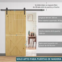 200 cm Herraje para Puerta Corredera de Madera Kit de Accesorios Guía de Riel con Tornillos Carga Máx. 90 kg Ace... - Ogal.Es