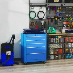 Carro de Herramientas para Taller con Ruedas 5 Cajones Armario con Cierre y Asa Lateral 61,5x33x82,5 cm Azul - Ogal.Es