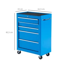 Carro de Herramientas para Taller con Ruedas 5 Cajones Armario con Cierre y Asa Lateral 61,5x33x82,5 cm Azul - Ogal.Es