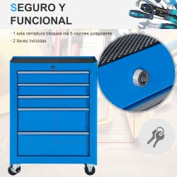 Carro de Herramientas para Taller con Ruedas 5 Cajones Armario con Cierre y Asa Lateral 61,5x33x82,5 cm Azul - Ogal.Es