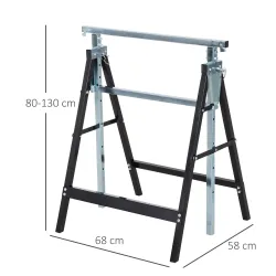 Set de 2 Caballetes Metálicos Plegables con Altura Ajustable Caballetes de Sierra de Acero 68x58x80-130 cm Negro - Ogal.Es