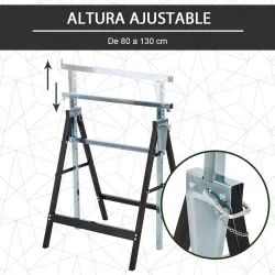 Set de 2 Caballetes Metálicos Plegables con Altura Ajustable Caballetes de Sierra de Acero 68x58x80-130 cm Negro - Ogal.Es