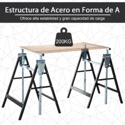 Set de 2 Caballetes Metálicos Plegables con Altura Ajustable Caballetes de Sierra de Acero 68x58x80-130 cm Negro - Ogal.Es