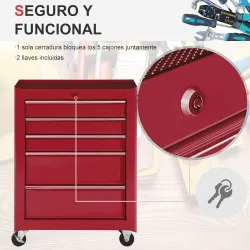 Carro de Herramientas para Taller con Ruedas 5 Cajones Armario con Cierre y Asa Lateral 61,5x33x82,5 cm Rojo - Ogal.Es