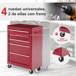 Carro de Herramientas para Taller con Ruedas 5 Cajones Armario con Cierre y Asa Lateral 61,5x33x82,5 cm Rojo - Ogal.Es