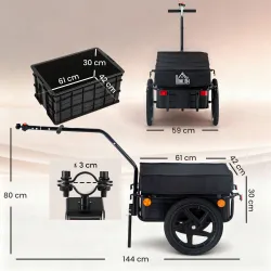 Remolque de Bicicleta 40 kg de Tela Oxford con Reflectores y Estructura de Acero 144x59x80 cm Negro - Ogal.Es
