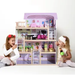 Casa de Muñecas Infantil con Muebles Casa de Muñecas de 4 Pisos con 13 Accesorios 60,5x30x80,5cm Rosa - Ogal.Es