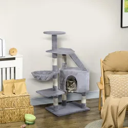Torre para Gatos 55x40x125 cm con Postes Escalera Cueva Espaciosa Hamaca y Varias Plataformas Gris - Ogal.Es