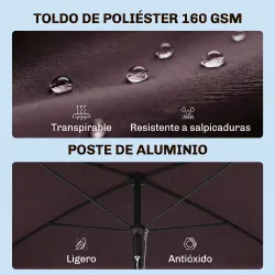 Sombrilla de Terraza de Aluminio 2x1,3x2,5 m Parasol de Jardín Rectangular con Función de Inclinación Café - Ogal.Es