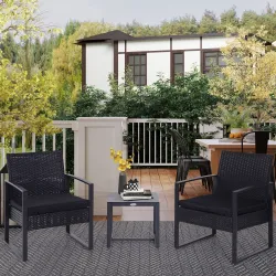 Conjunto de Mesa y Sillas de Jardín para Exterior Incluye 2 Sillones y 1 Mesa de Centro de Vidrio Negro - Ogal.Es