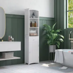Armario Alto de Baño Estrecho con 1 Cajón y 3 Estantes Abiertos Columna de Baño Estilo Moderno para Salón Aseo C... - Ogal.Es