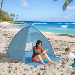Tienda de Playa para 2-3 Personas Pop-Up con Ventanas tipo Refugio con Protección Solar UV 200x150x119 cm Azul - Ogal.Es