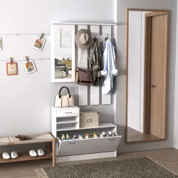 Recibidor de Entrada con Espejo Perchero y Zapatero Mueble de Recibidor de 2 Piezas con 6 Ganchos Estantes y Caj... - Ogal.Es