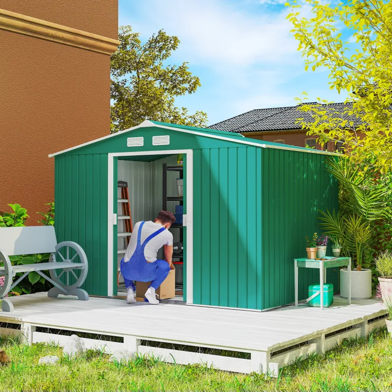 Cobertizo de Jardín 4,9 m² 277x195x192 cm con 2 Puertas Corredizas Base Refuerzo (Suelo NO Incluido) Verde Oscuro - Ogal.Es