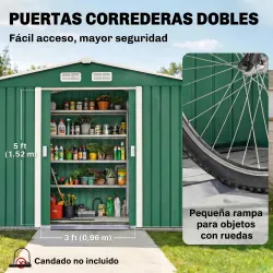 Cobertizo de Jardín 4,9 m² 277x195x192 cm con 2 Puertas Corredizas Base Refuerzo (Suelo NO Incluido) Verde Oscuro - Ogal.Es