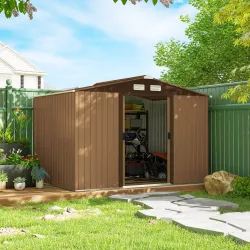 Cobertizo de Jardín 4,9 m² 277x195x192 cm con 2 Puertas Corredizas Base Refuerzo (Suelo NO Incluido) Amarillo - Ogal.Es