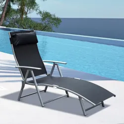 Tumbona de Jardín Plegable con Respaldo Ajustable en 7 Niveles Almohada y Reposabrazos 137x63,5x100,5 cm Negro - Ogal.Es