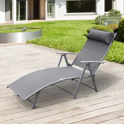 Tumbona de Jardín Plegable con Respaldo Ajustable en 7 Niveles Almohada y Reposabrazos 137x63,5x100,5 cm Gris - Ogal.Es