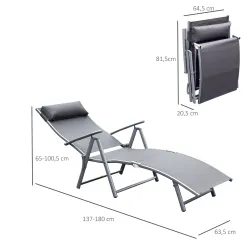 Tumbona de Jardín Plegable con Respaldo Ajustable en 7 Niveles Almohada y Reposabrazos 137x63,5x100,5 cm Gris - Ogal.Es