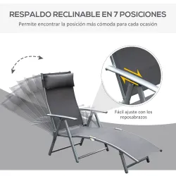 Tumbona de Jardín Plegable con Respaldo Ajustable en 7 Niveles Almohada y Reposabrazos 137x63,5x100,5 cm Gris - Ogal.Es
