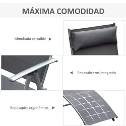 Tumbona de Jardín Plegable con Respaldo Ajustable en 7 Niveles Almohada y Reposabrazos 137x63,5x100,5 cm Gris - Ogal.Es